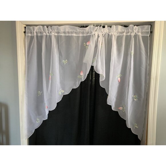 Sheer White Embroidered Curtain Panels with Pink Floral Design Scalloped Edges - Picture 6 of 9